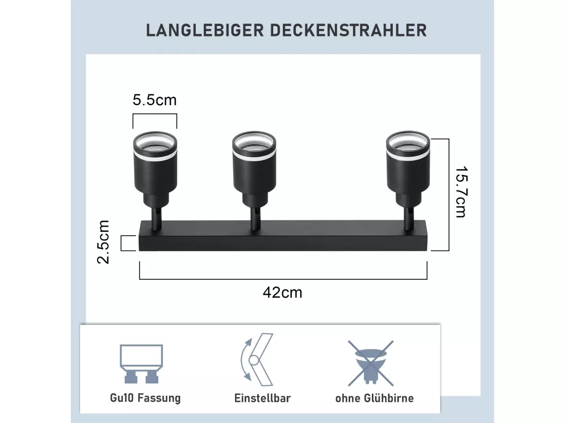 NETTLIFE Plafonnier noir moderne : 3 spots de plafond orientables en métal, plafonnier GU10, pour chambre, salle à manger, sans ampoule