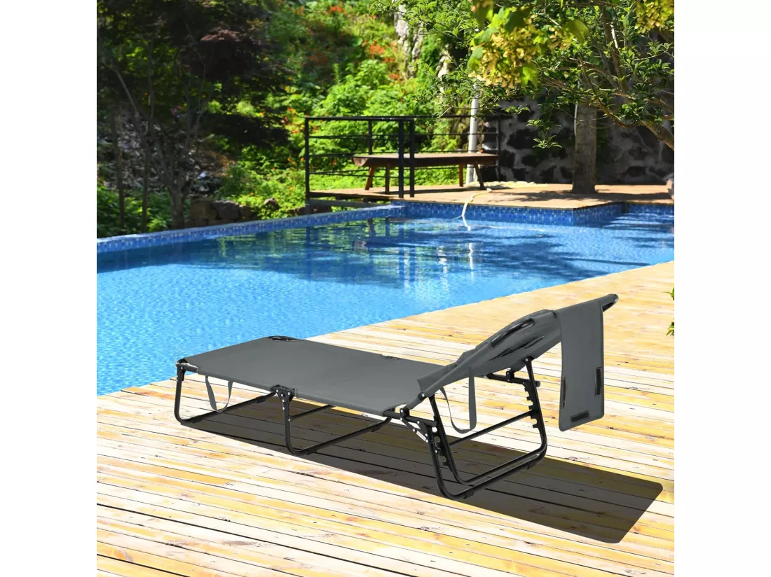 Chaise Longue Pliante Réglable à 5 Positions avec Trou pour Visage, Bain de Soleil en Tissu et velours Oxford avec 3 Coussins Amovibles, Charge 160 KG, pour Piscine Plage, Cour, CamBoisg(Gris)