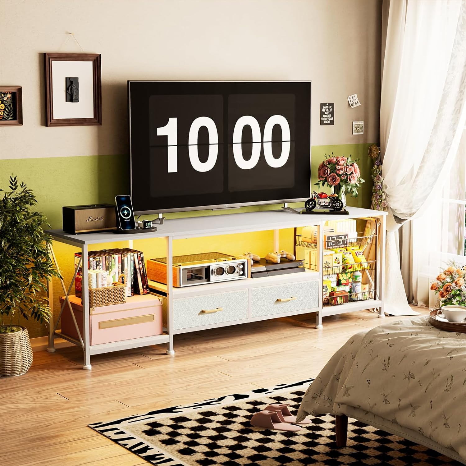 TV-Schrank für 75 Zoll Fernseher Lowboard für TV Fernsehtisch mit 2 Schubladen 3 offenen Fächern,180x40x58 cm TV-Schrank mit LED-Lichtleiste und Steckdosen für Wohnzimmer Schlafzimmer Weiß JJ3356322