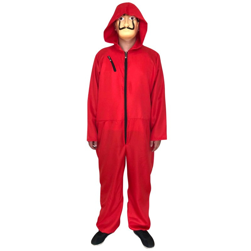 (170cm) Fasnachts Erwachsenen Kostüm Bankräuber Overall Verkleidung für Motto Partys / Halloween inkl. Maske - Rot