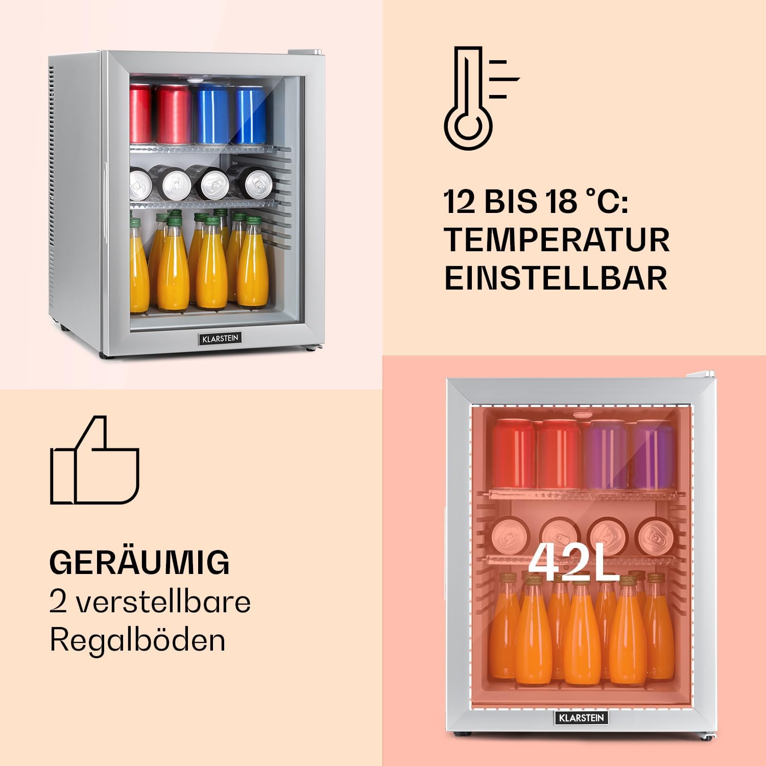 Klarstein Kühlschrank, Mini Kühlschrank mit Glastüre, Mini-Kühlschrank für Getränke, Snacks & Kosmetik, Kühlschrank Klein & Leise, Verstellbare Ablagen, Kleiner Skincare Kühlschrank 12-18°C, 42L