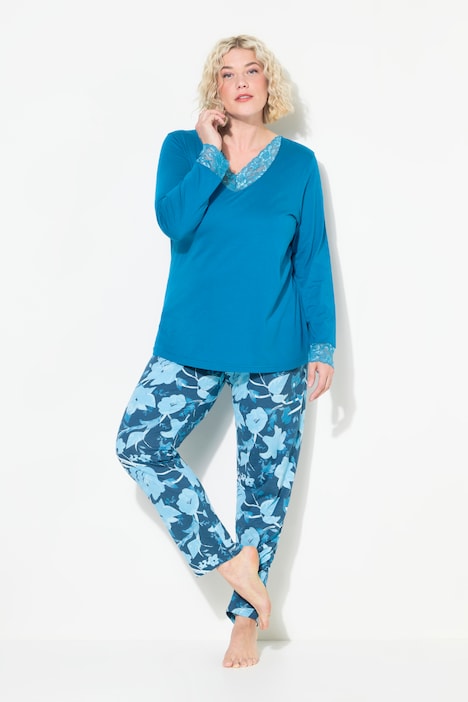 Pyjama, Spitze, V-Ausschnitt, Langarm, Modalmix