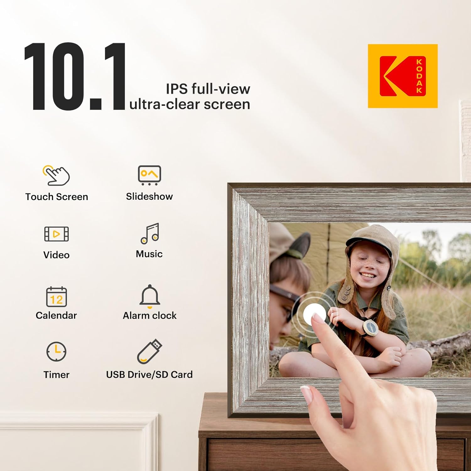 Digitaler Bilderrahmen 10.1 Zoll, Kodak WLAN Digitale Bilderrahmen 1013W, Hölzern Elektronischer Bilderrahmen mit 32 GB Speicher, HD IPS Touchscreen, Teilen Sie Fotos über App, Automatischer Drehung