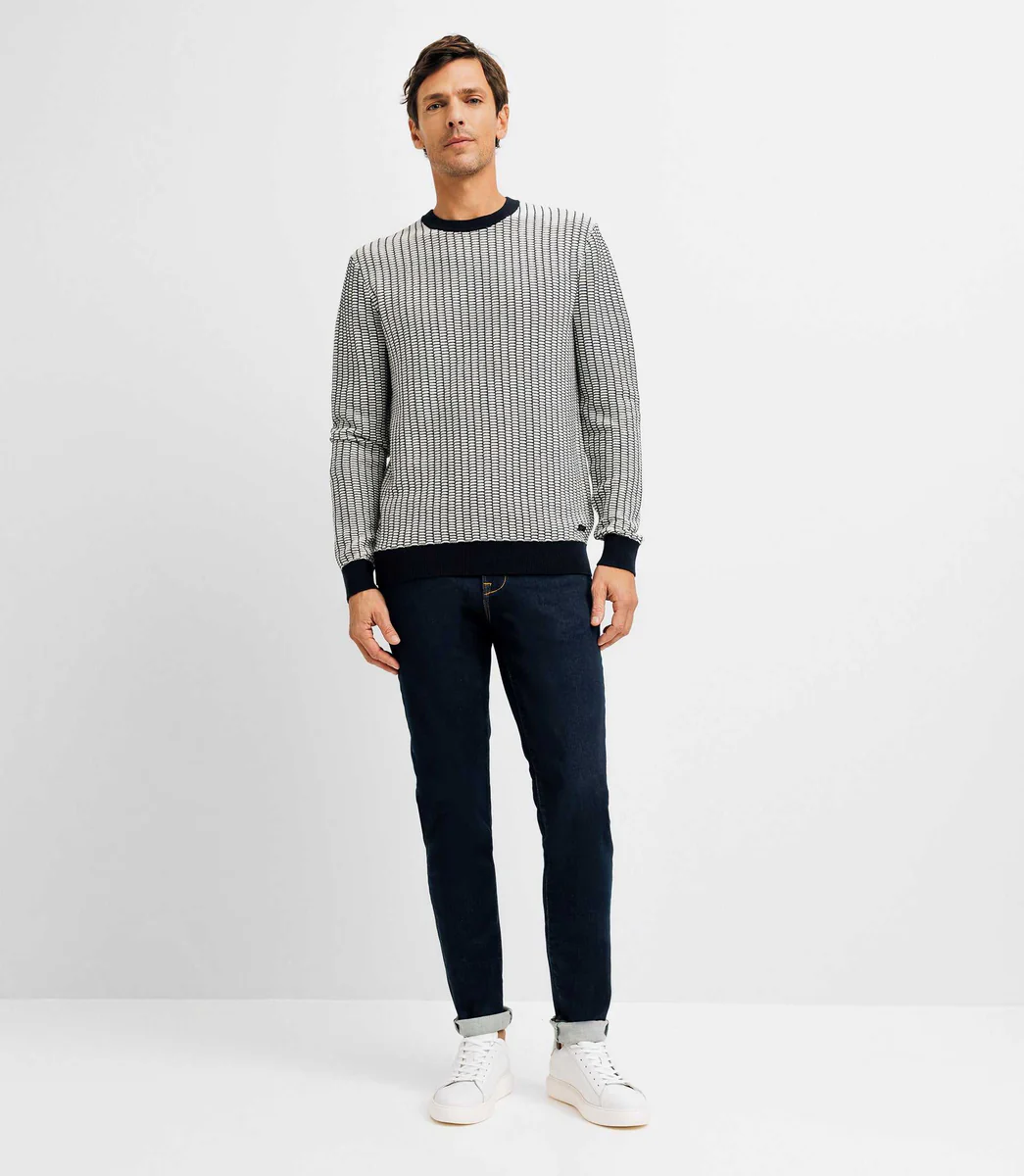 Pull col rond bicolore marine