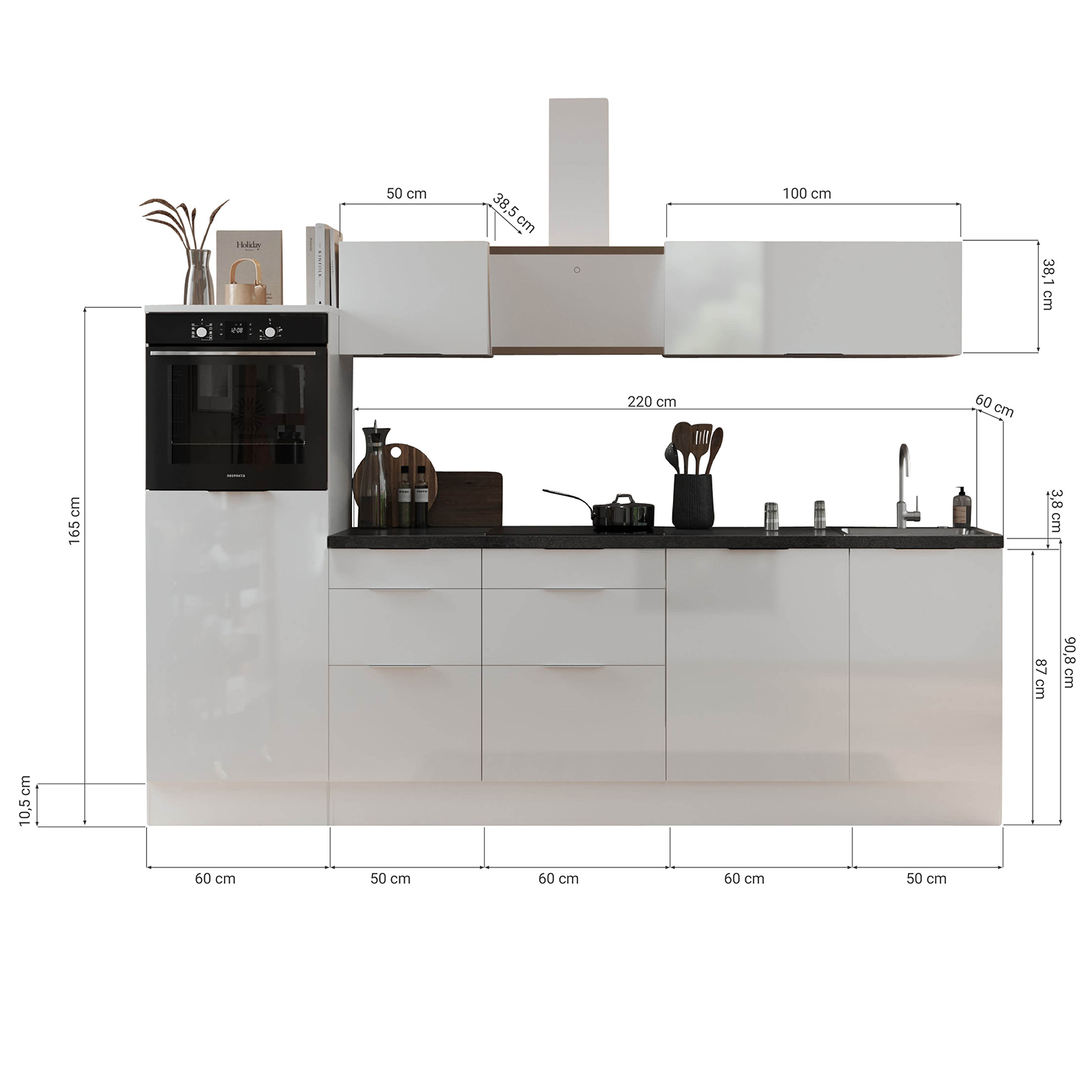 RESPEKTA Küchenblock - Artisan Eiche - weiß matt - mit E-Geräten - 280 cm