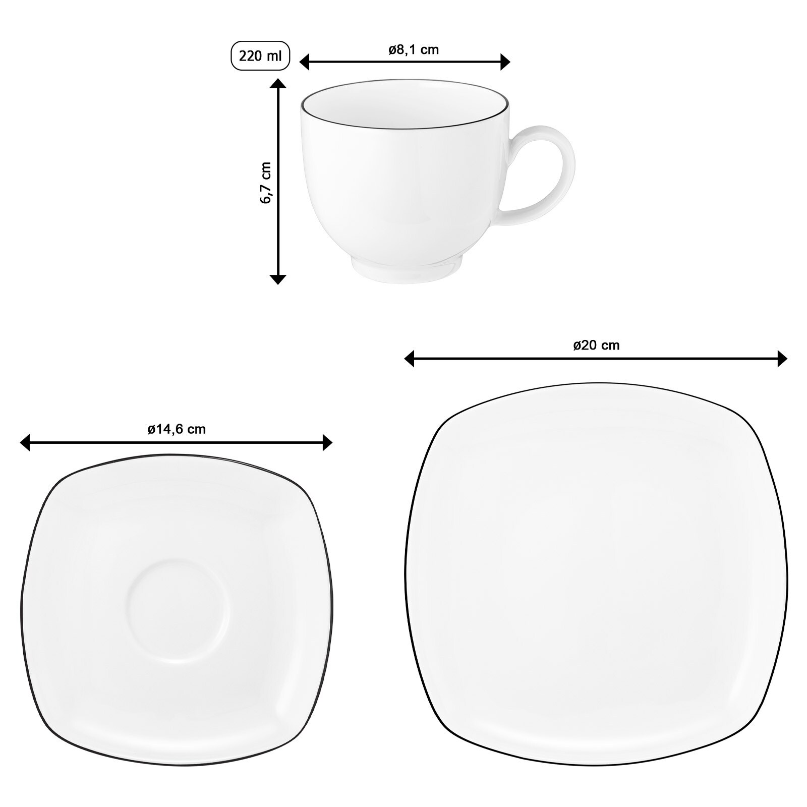 Seltmann Weiden Kaffeeservice eckig Lido Black Line 18er Set