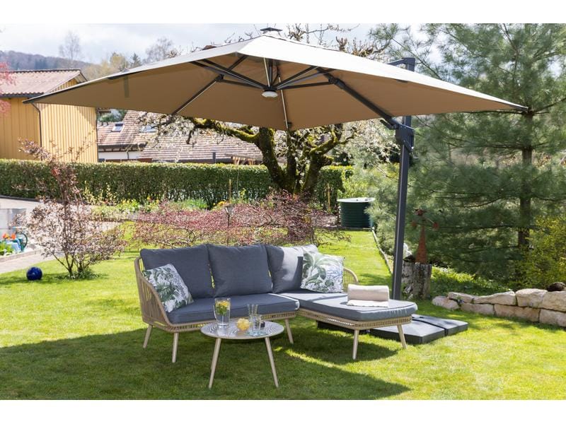 COCON Sonnenschirm mit LED, 300 x 300 cm, hängend, Taupe Eleganter Ampelschirm mit solarbetriebener LED-Beleuchtung