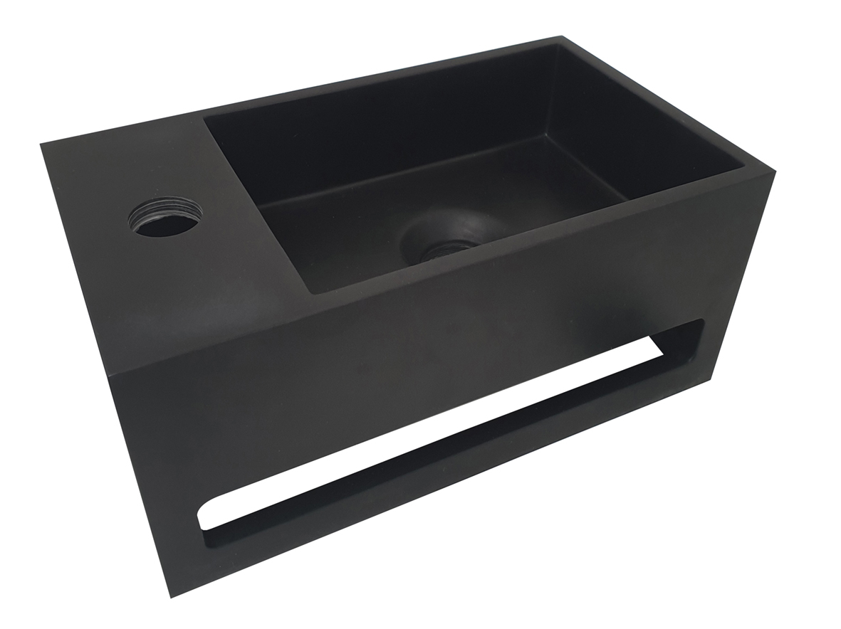 Mueller Solid Surface mat zwarte fontein met handdoekhouder links