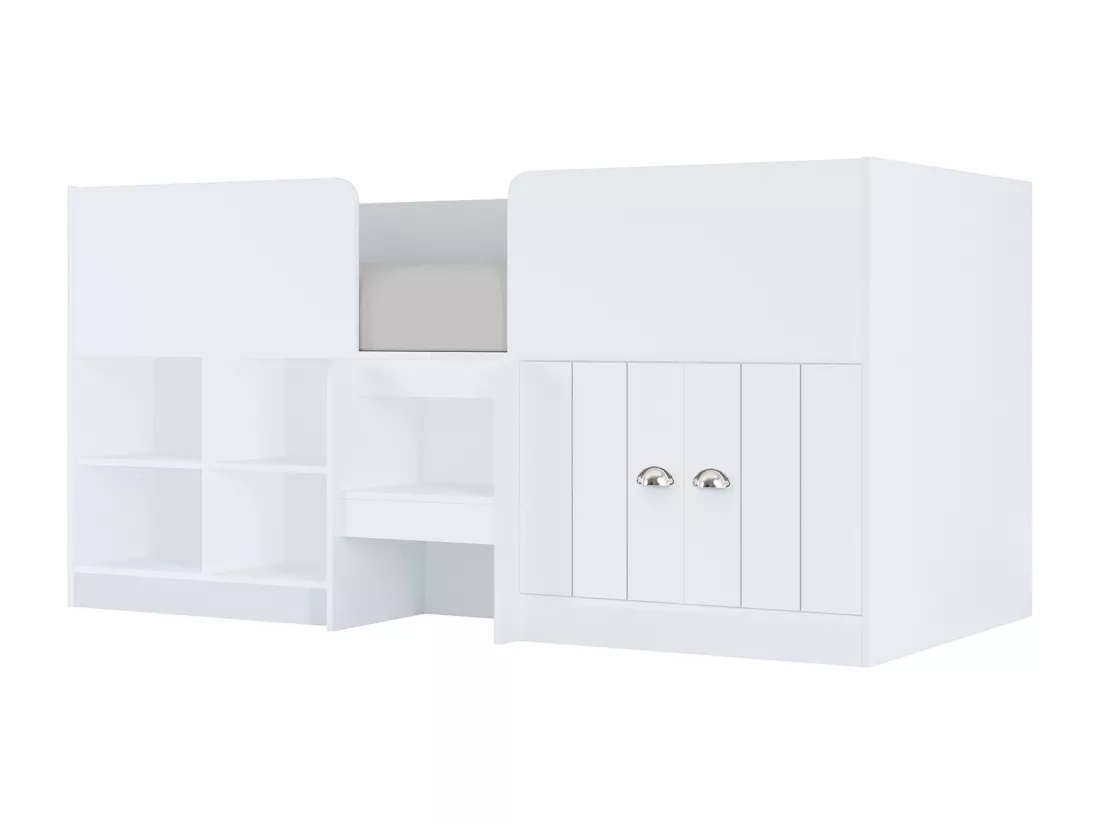 Lit mi-hauteur 90 x 190 cm avec rangements - Coloris : Blanc - BOUTANIO
