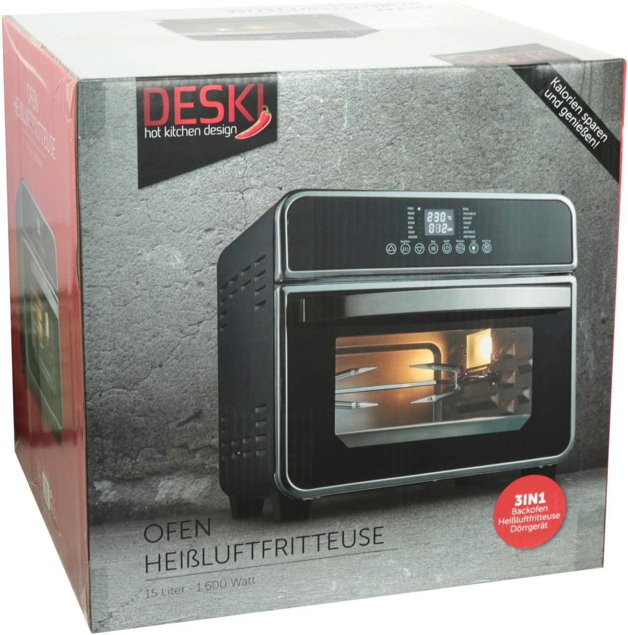 Deski HOT KITCHEN DESIGN Ofen Heißluft Fritteuse 15 Liter schwarz 1600 Watt 3in1 Multifunktion, 401274
