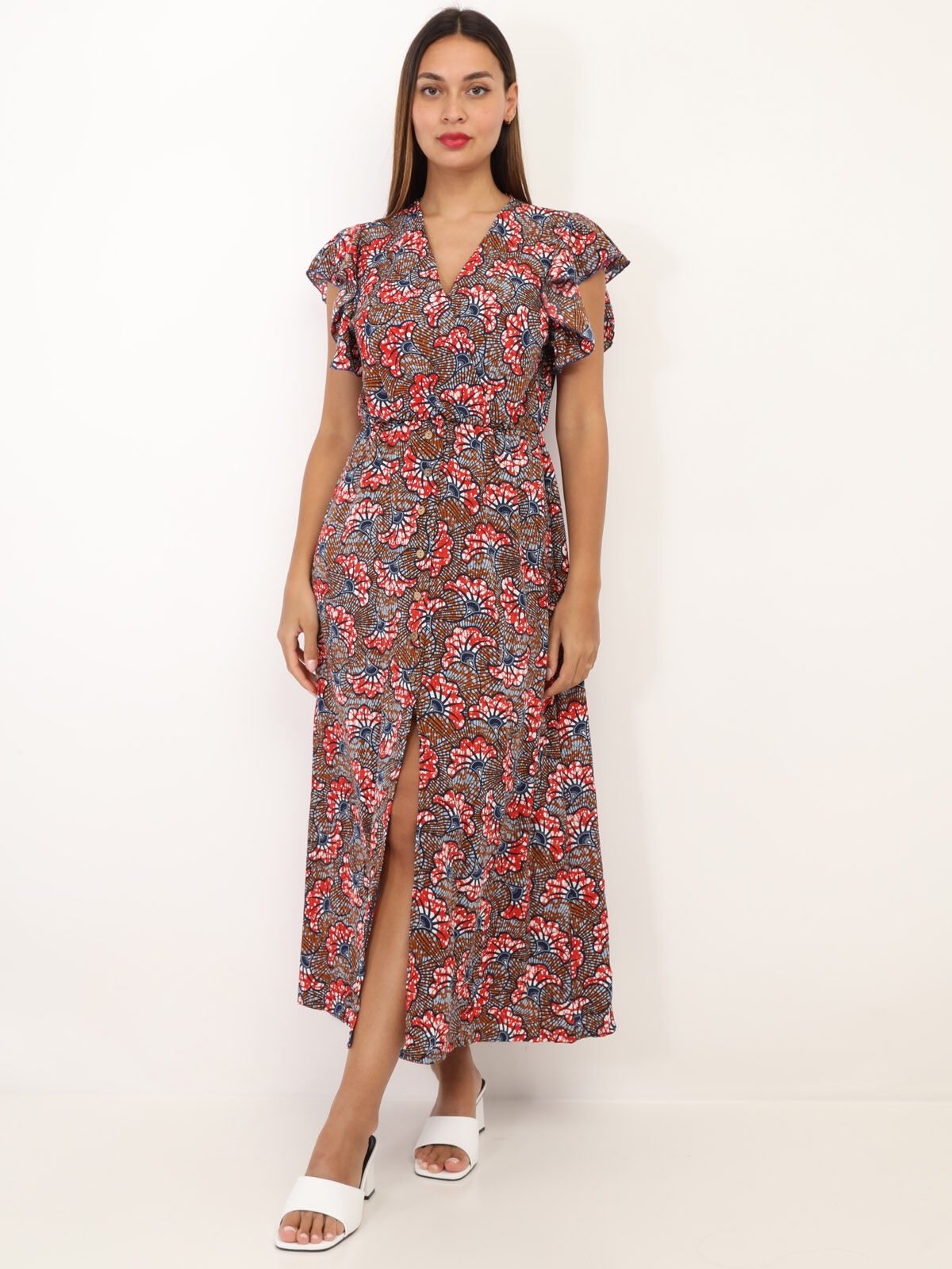 Robe fendue à fleurs style wax- Marron