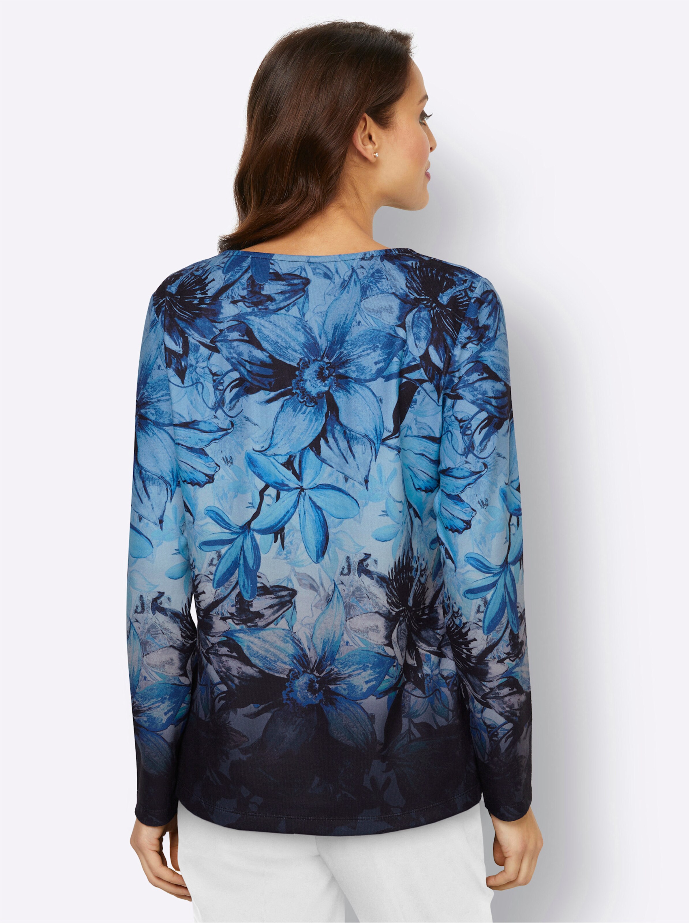 Langarmshirt in royalblau-schwarz-bedruckt