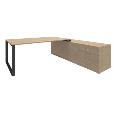 Bureau URBAN Manager - L180 x P100 x H72,5 cm - console retour à droite (tiroirs) L200 x P60 x H72,5 cm - pieds carbone - plateau imitation chêne clair