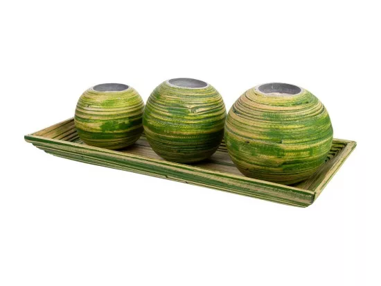Ensemble plateau et 3 bougeoirs en bois de bambou vert 33x13x3h cm
