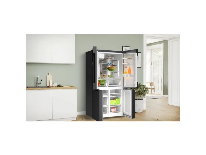 Bosch Serie | 6 KFI96AXEA - Køleskab/fryser - frans dør-bundfryser med vanddispenser, isdispenser - bredde: 90.5 cm - dybde: 73.1 cm - højde: 183 cm - 574 liter - Klasse E - børstet sort stål