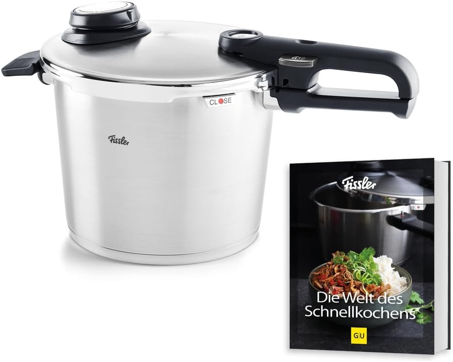 Fissler Vitavit Premium/Schnellkochtopf-Set (6 L, Ø 22 cm) + Gratis Dämpf-Einsatz & Schnellkochtopf-Buch, Edelstahl-Dampfkochtopf,4-Garstufen - Induktion