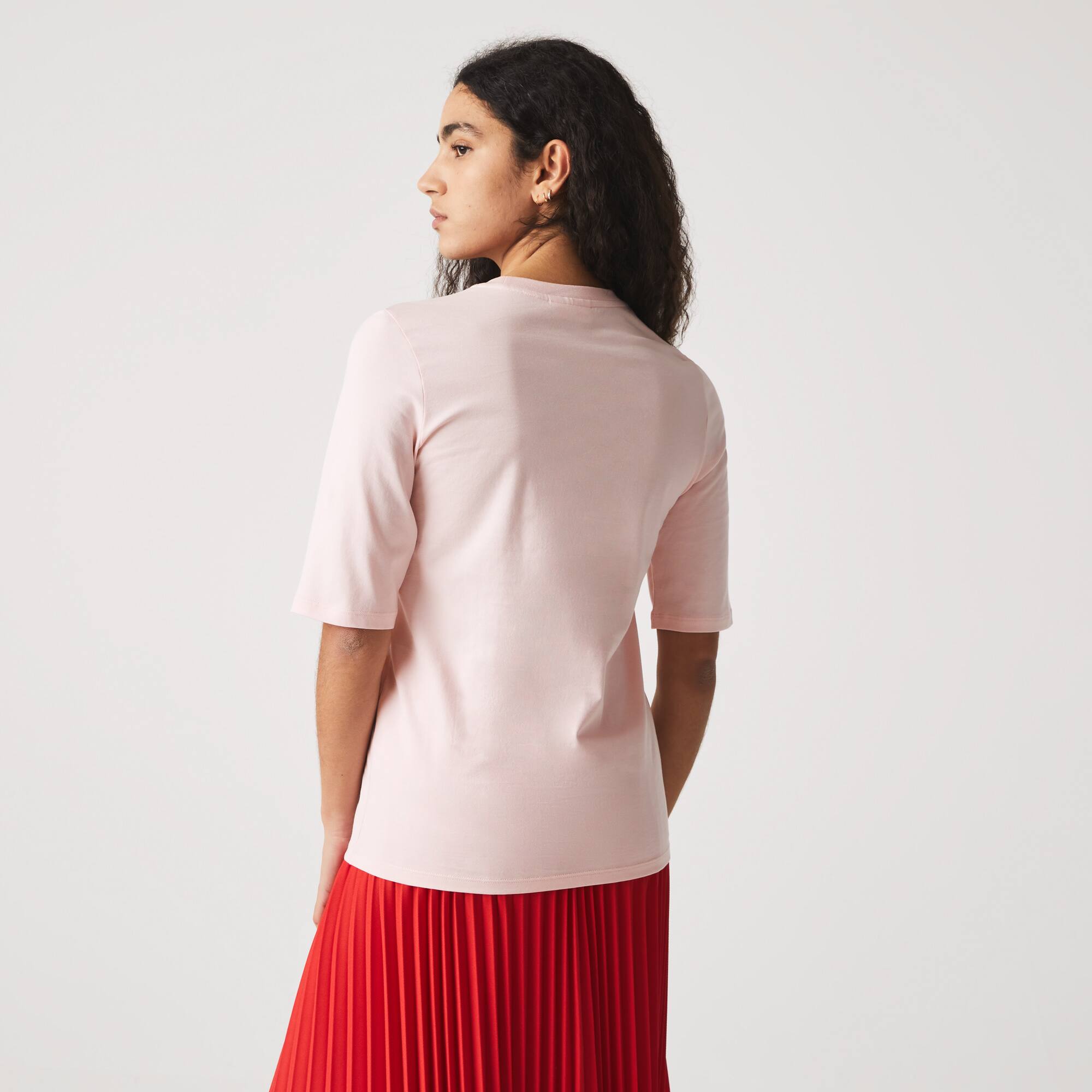 T-shirt à col rond et manches trois-quarts en coton uni T-Shirts - Rose - Lacoste - Femme