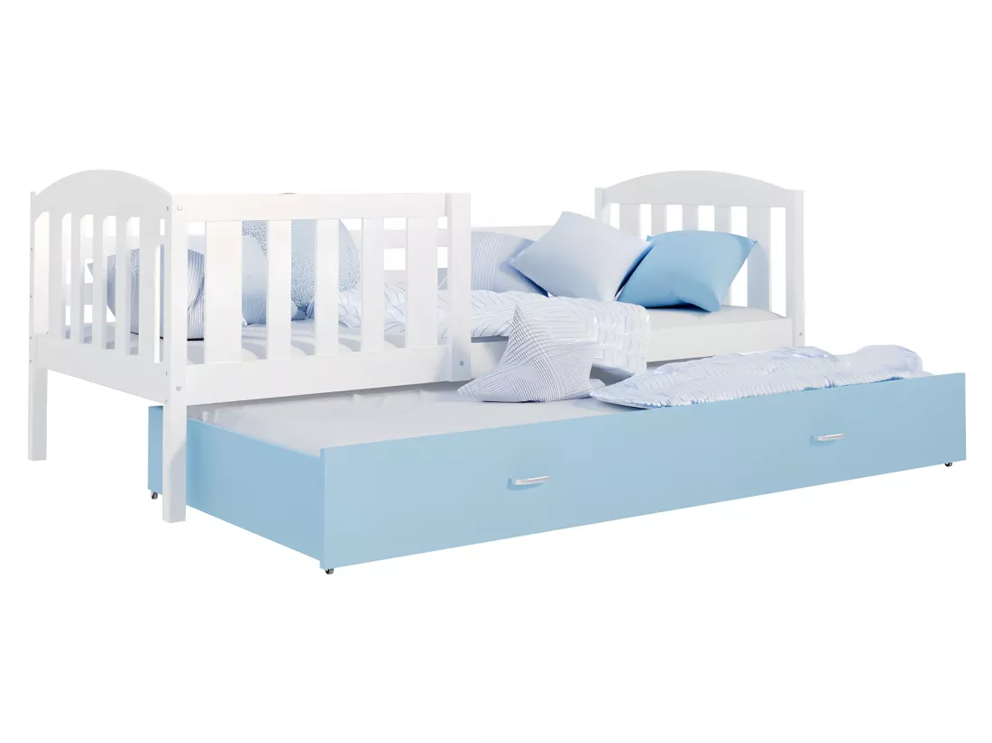 Lit Gigogne Teo 90x190 Blanc - bleu Livré avec sommiers, tiroir et matelas en mousse de 7cm