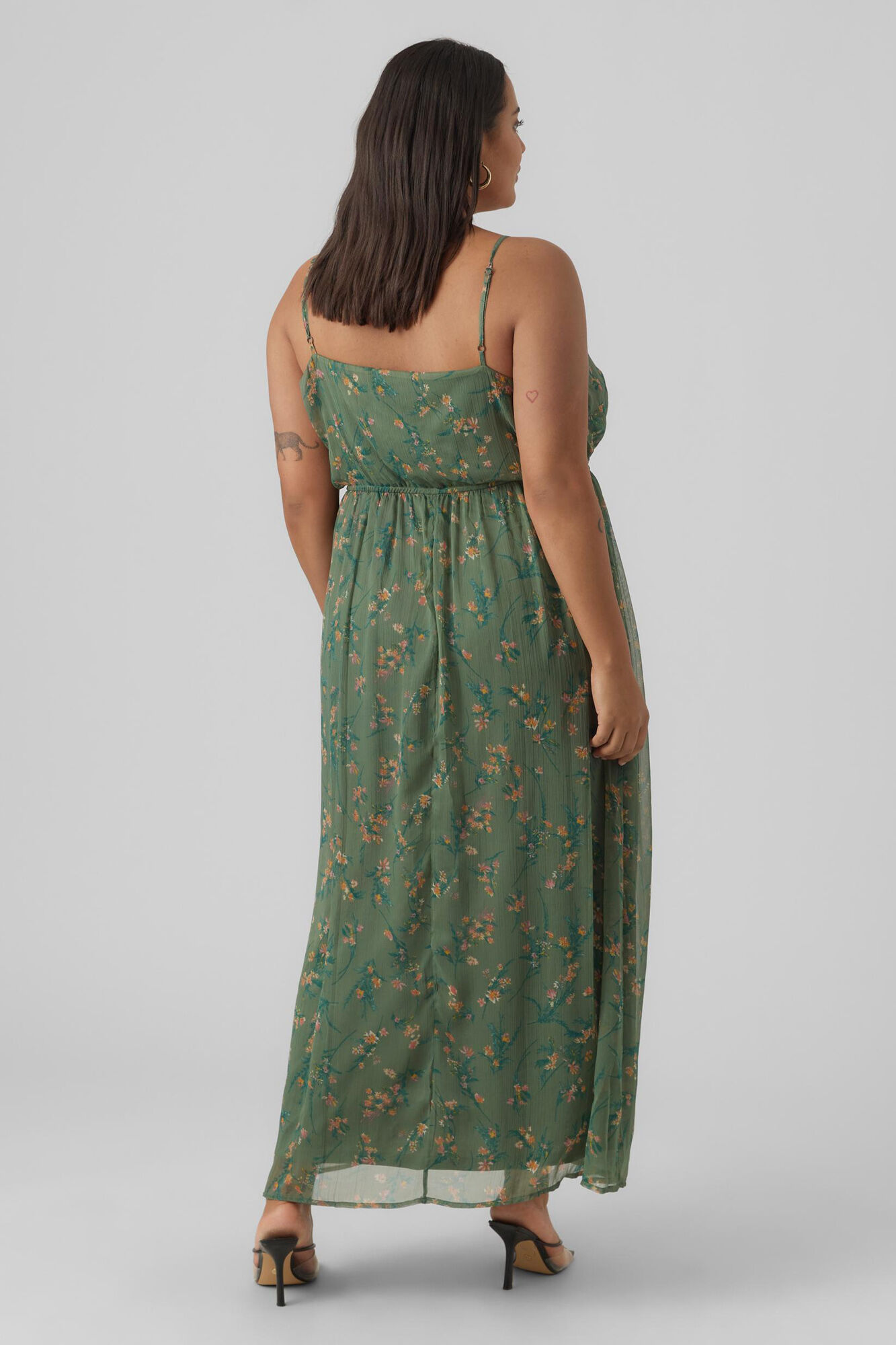 Vestido longo com decote em V e modelagem pico, tamanho grande - Verde