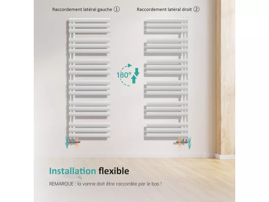 Sèche-serviette eau chaude EMKE raccord latéral radiateur sèche-serviettes blanc 174 × 60 cm 782 watts