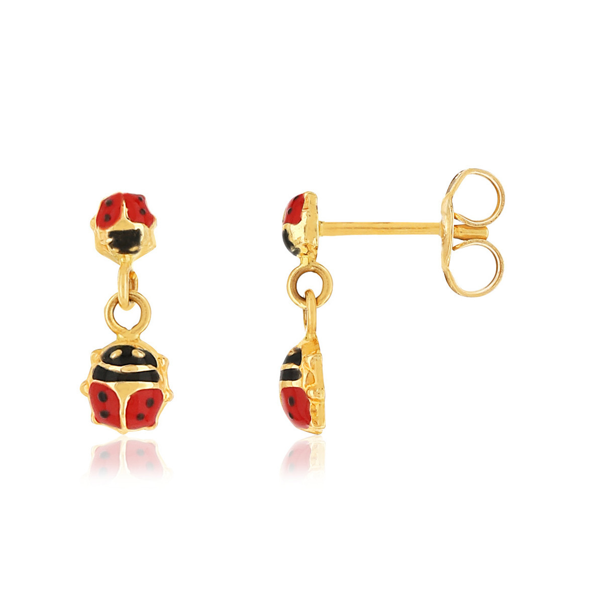 Boucles d'oreilles or 375 jaune coccinelles laque rouge et noire