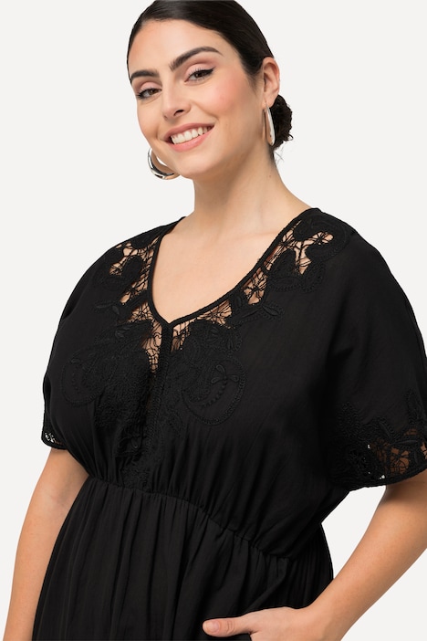 Kleid, Stickerei, Oversized, V-Ausschnitt, Halbarm