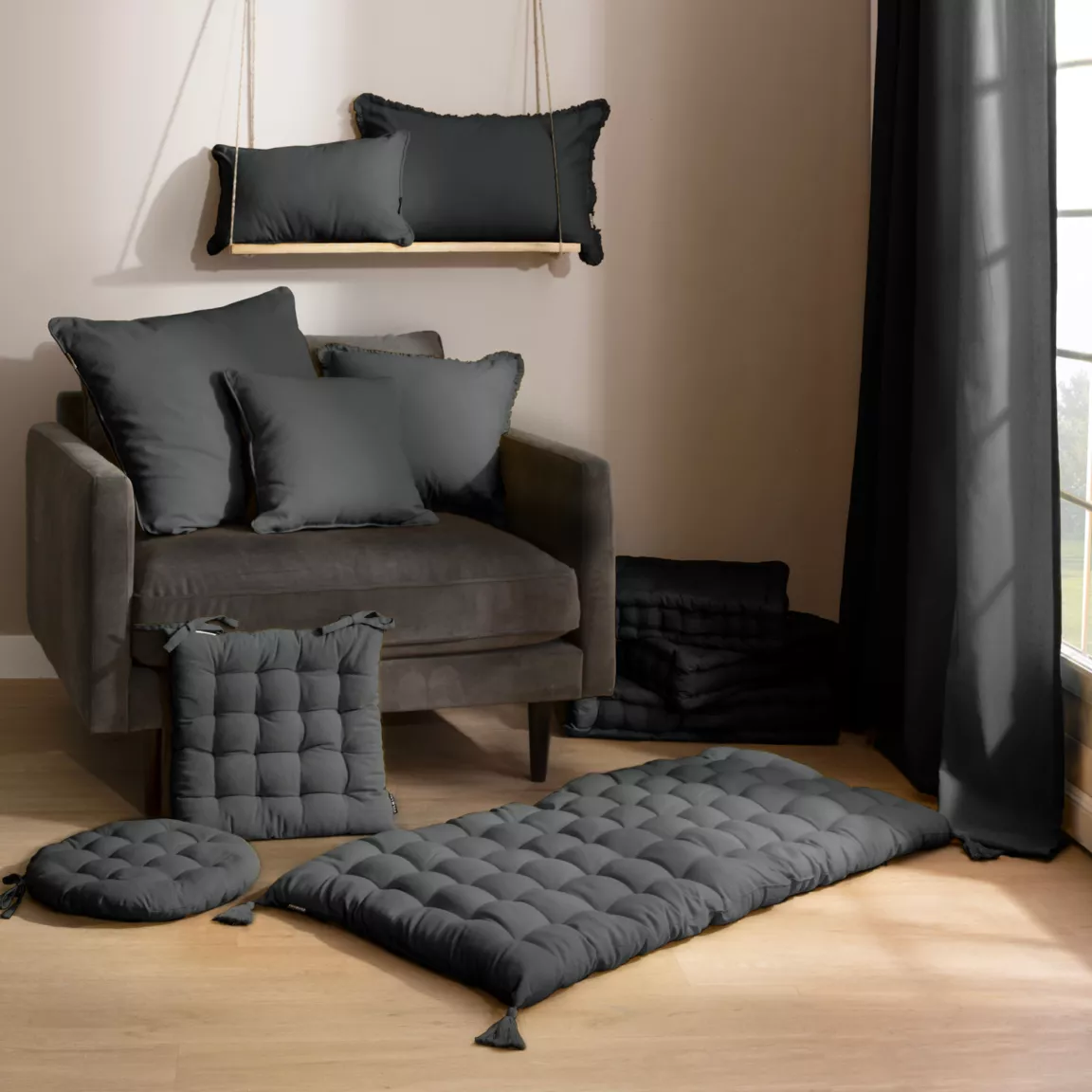 Coussin de sol coton (40 x 40 cm) Pixel Gris anthracite