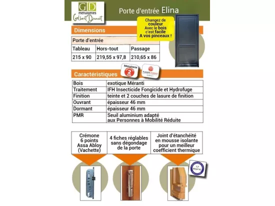 Porte D'Entrée Bois Pleine, Elina, H,215Xl,90 P, Droit Cote Tableau