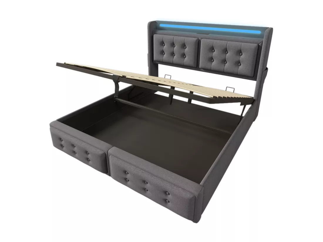 Lit coffre 180x200cm en tissu lin - avec LED et Ports de recharge - Gris