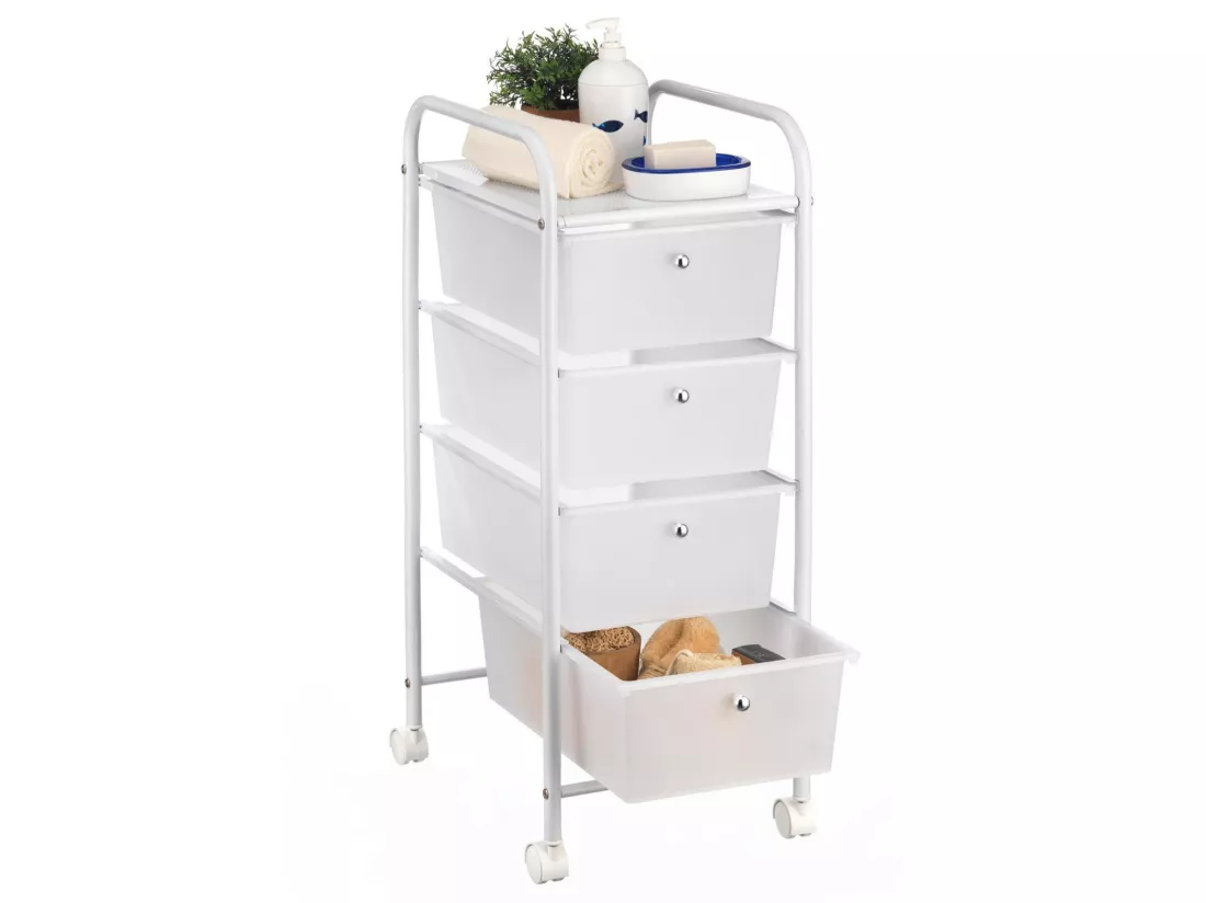 Caisson sur roulettes GINA chariot avec 4 tiroirs en plastique blanc transparent et 1 étagère, rangement salle de bain métal blanc