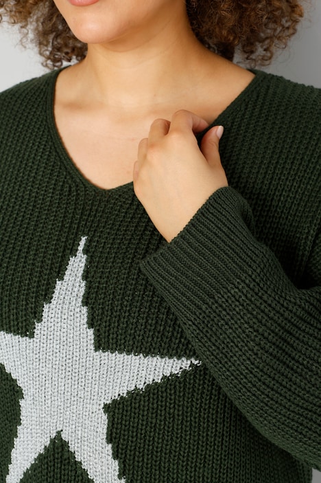 Long-Pullover, großer Stern, V-Ausschnitt, Langarm