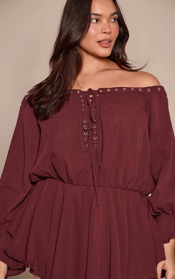 Prune Combi-short Grande Taille En Mousseline À Manches Longues Col Bardot Et Coupe Fluide