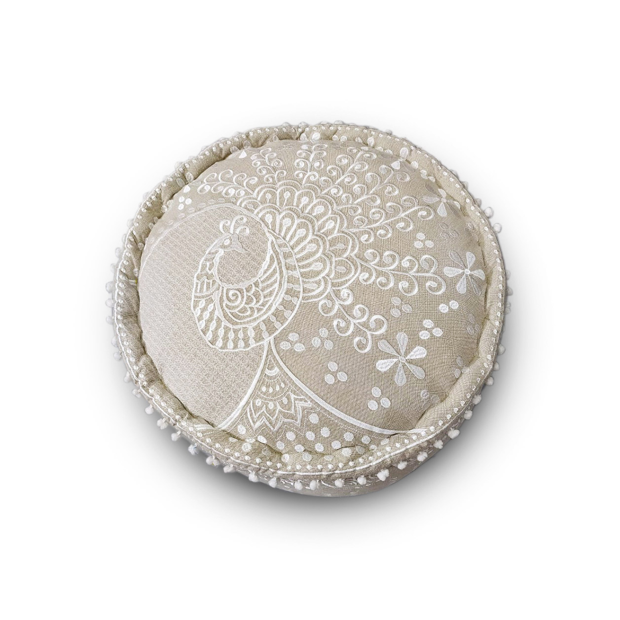 Pouf 'Pfau', beige, weiß, Ø 55 cm, H 30 cm von fischer's lagerhaus