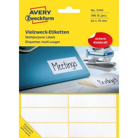 Avery Zweckform 3340 Vielzweck Etiketten 62 x 19 mm, 33 Bogen/396 Etiketten, weiß