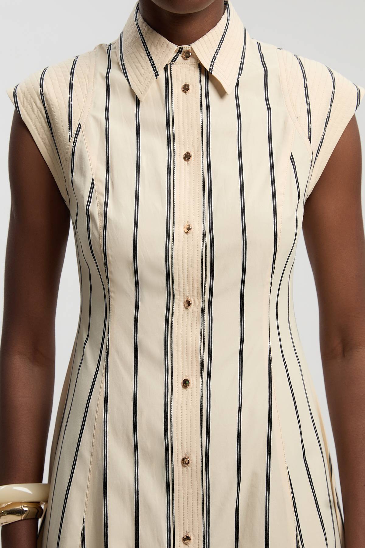 KarenMillen Robe Chemise Midi Tissée En Coton À Rayures Mono Avec Surpiqûres Petite Taille