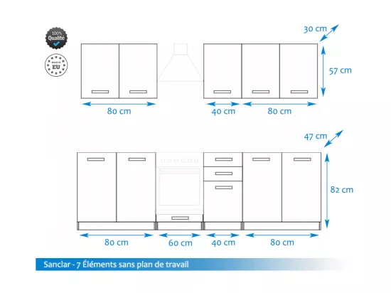 Cuisine Sanclar 7 éléments - blanc blanc laqué - 2m60 four encastrable