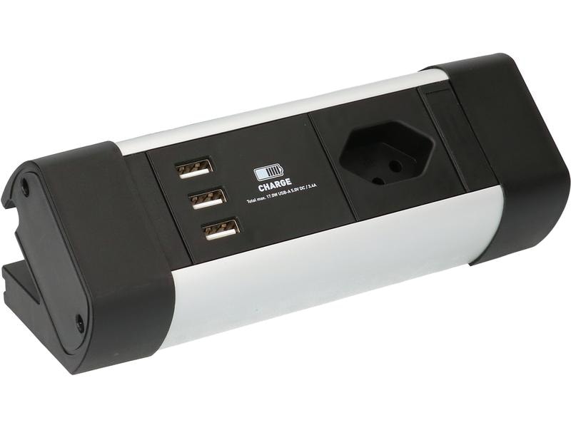 Max Hauri Tischsteckdosenleiste Office Line, 1x T13, 3x USB Alu Steckdosenleiste mit 1x Typ13 Steckdose, 3x USB A Charger und 2.5 m langem Kabel