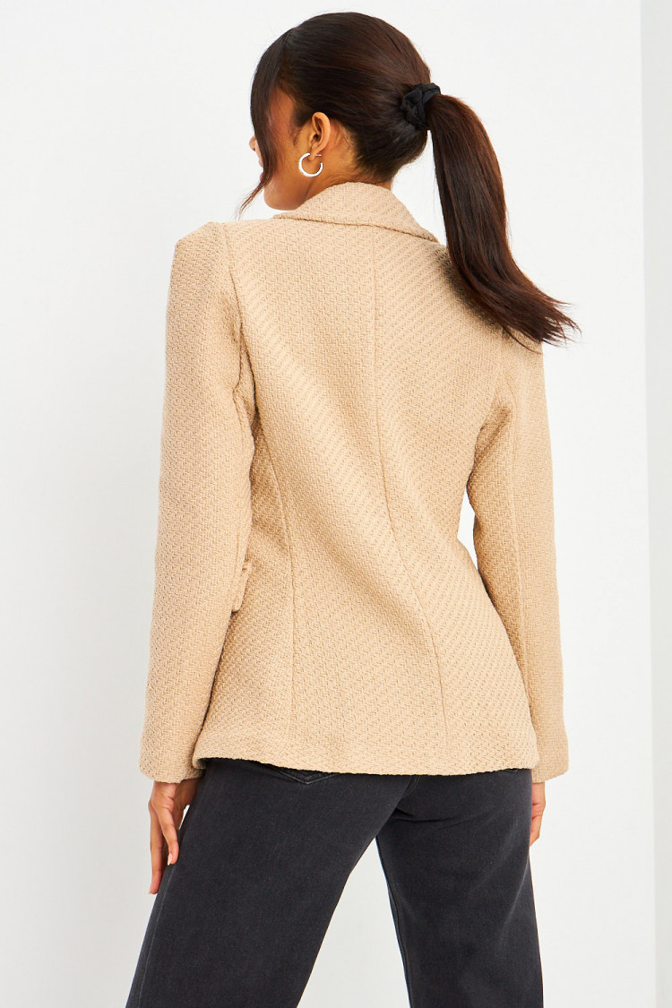 Blazer beige aspect tweed boutons perles