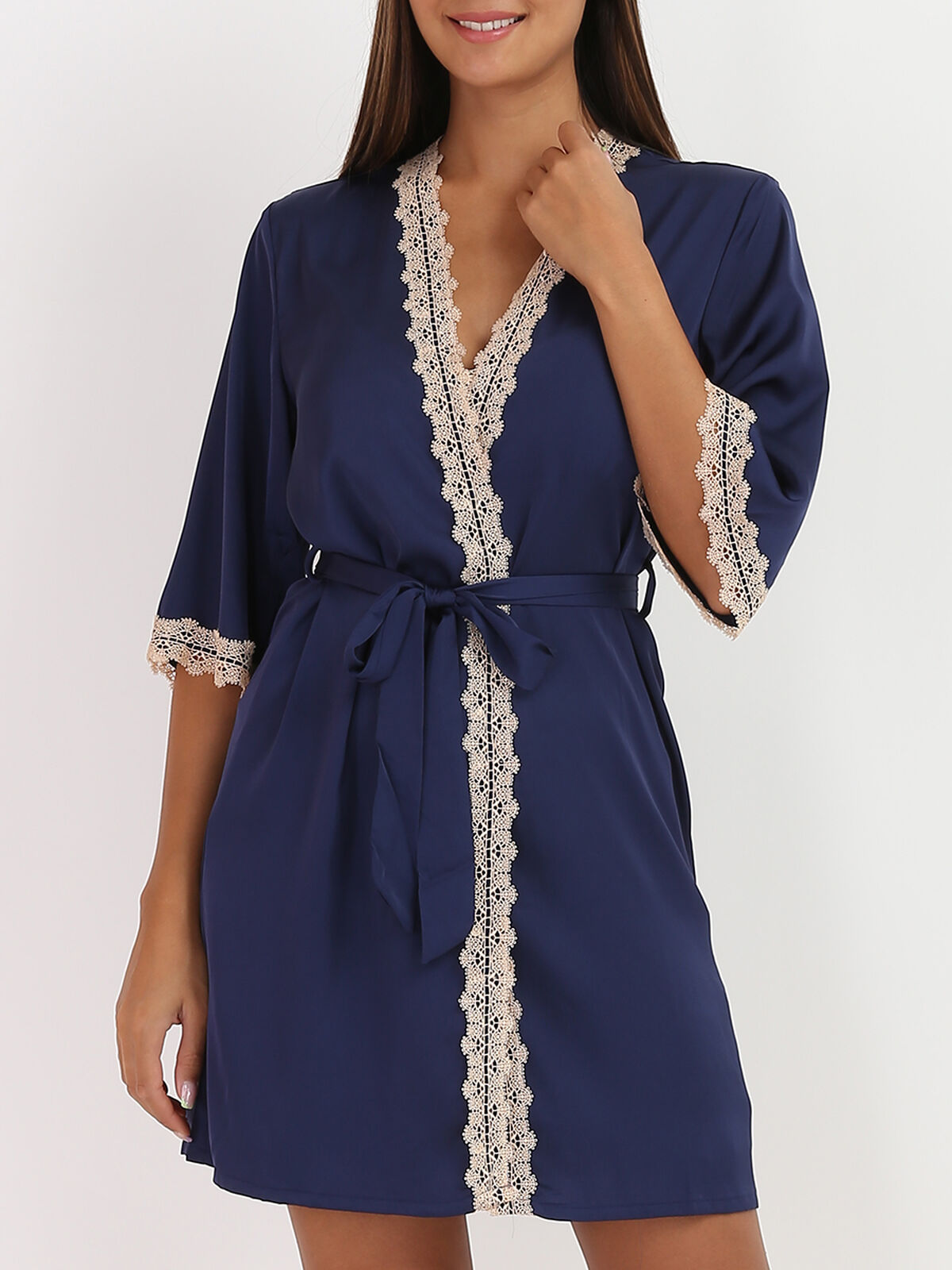 Ensemble nuisette et kimono à dentelle- Bleu marine