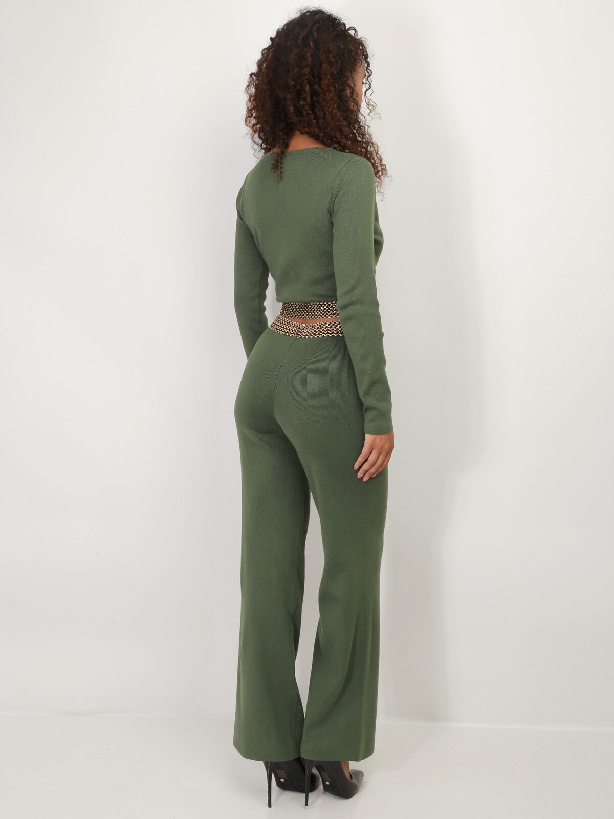 Ensemble en maille cache-coeur orné à la taille- Kaki