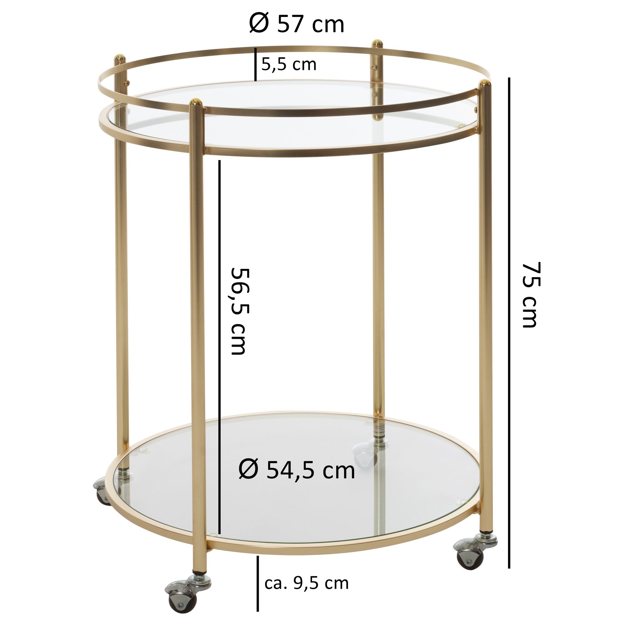 KADIMA DESIGN Goldener Servierwagen, mobiler Beistelltisch, Sicherheitsglas, Mehrzwecknutzung.