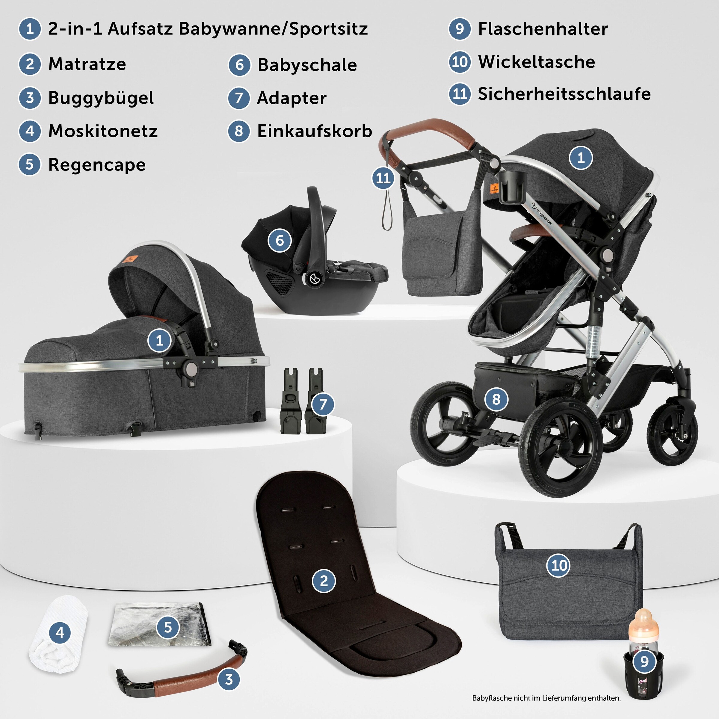 Bergsteiger Kinderwagen Nizza + Babyschale grey | Gestell: silver
