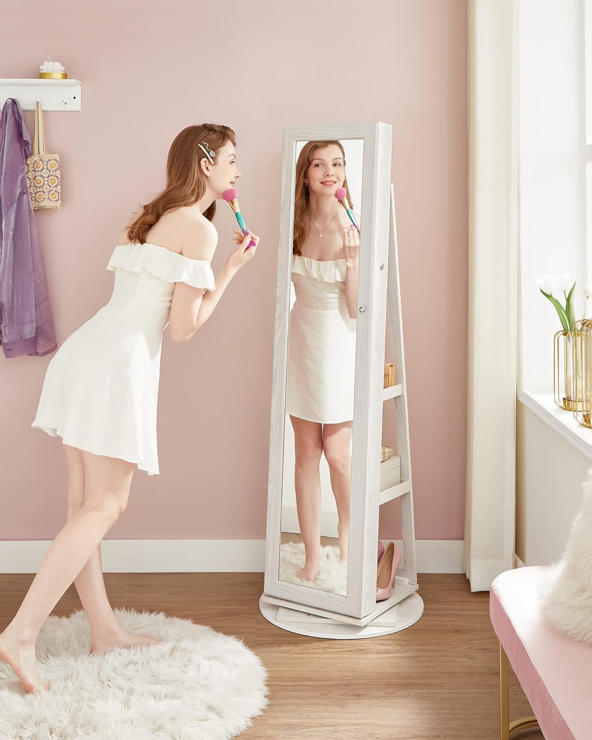SONGMICS Schmuckschrank, Standspiegel, Spiegelschrank, mit Ganzkörperspiegel, um 360° drehbar, Schmuckaufbewahrung, abschließbar, mit Schlüsseln, Geschenkidee, weiß mit Grauer Holzmaserung JBC62W