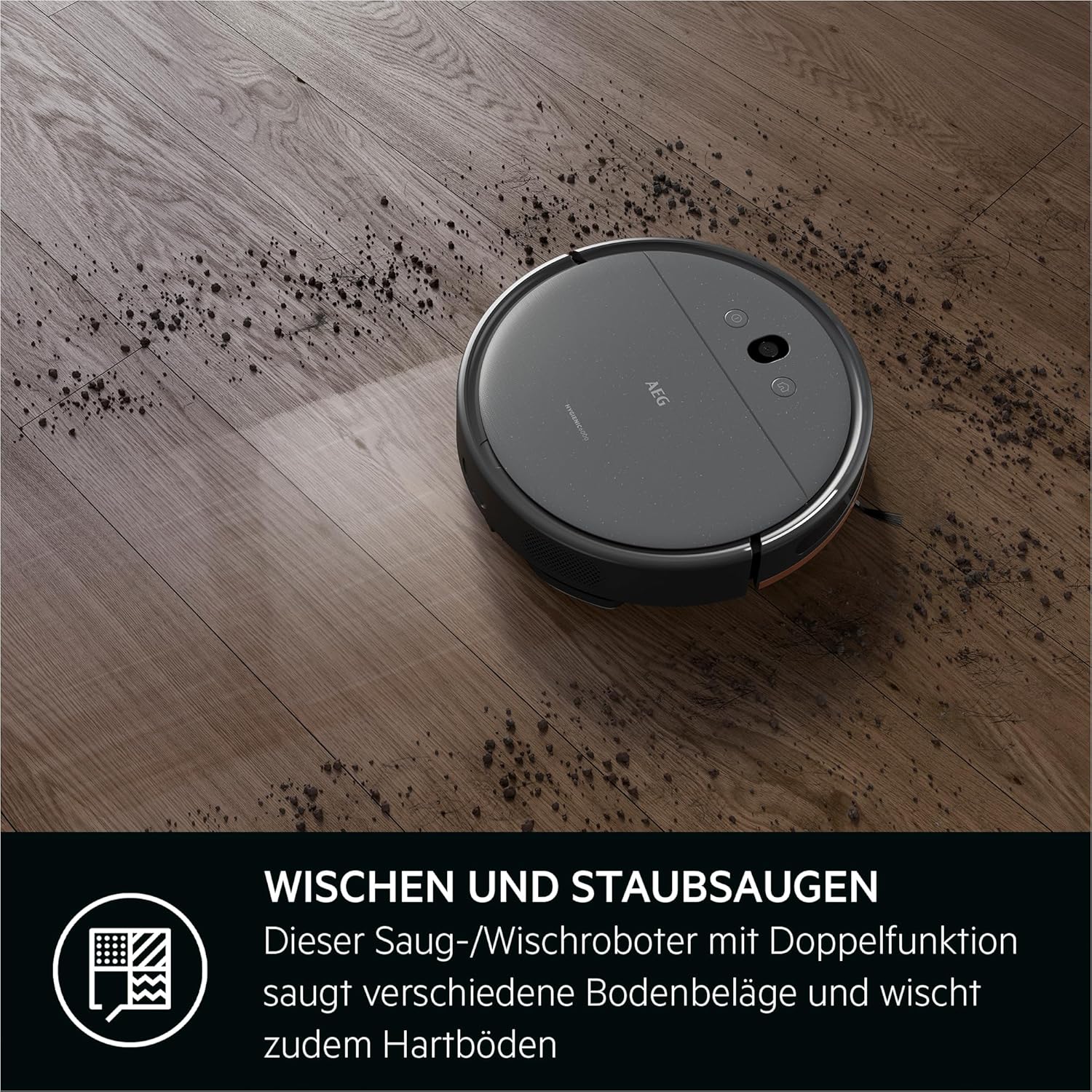 AEG AR61UW1DG Staubsaugerroboter, Gyroskop + Kamera, Lithium-Akku 14,4 V, Laufzeit 120 min, Wassertank 0,25 l, iOS/Android-App, 2 motorisierte Bürsten, Ladestation, Mops, Grau