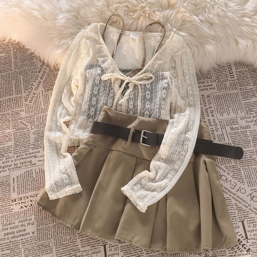 DIYI - Kanten vest / geruite camisole top / geplooide mini A-lijn rok met hoge taille