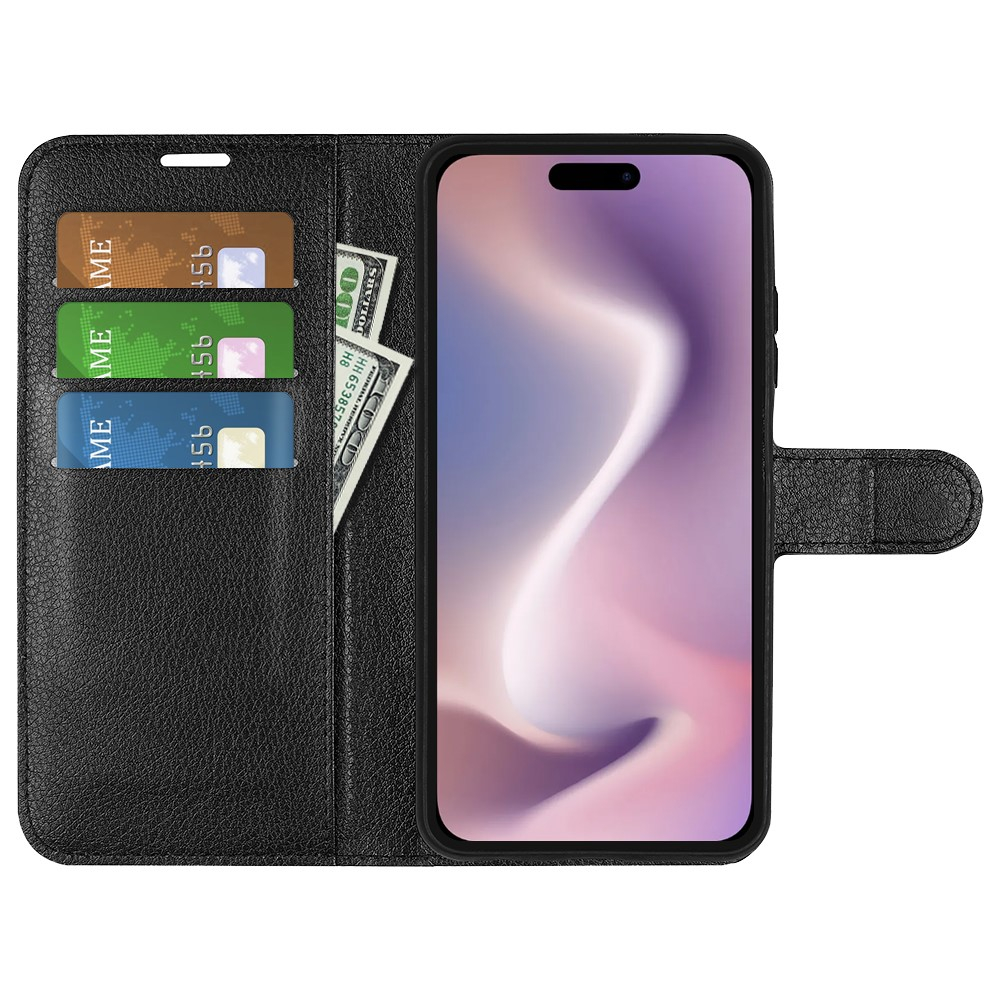 iPhone 16 Pro Leder Tasche Flip Cover Litchi Look - Schwarz