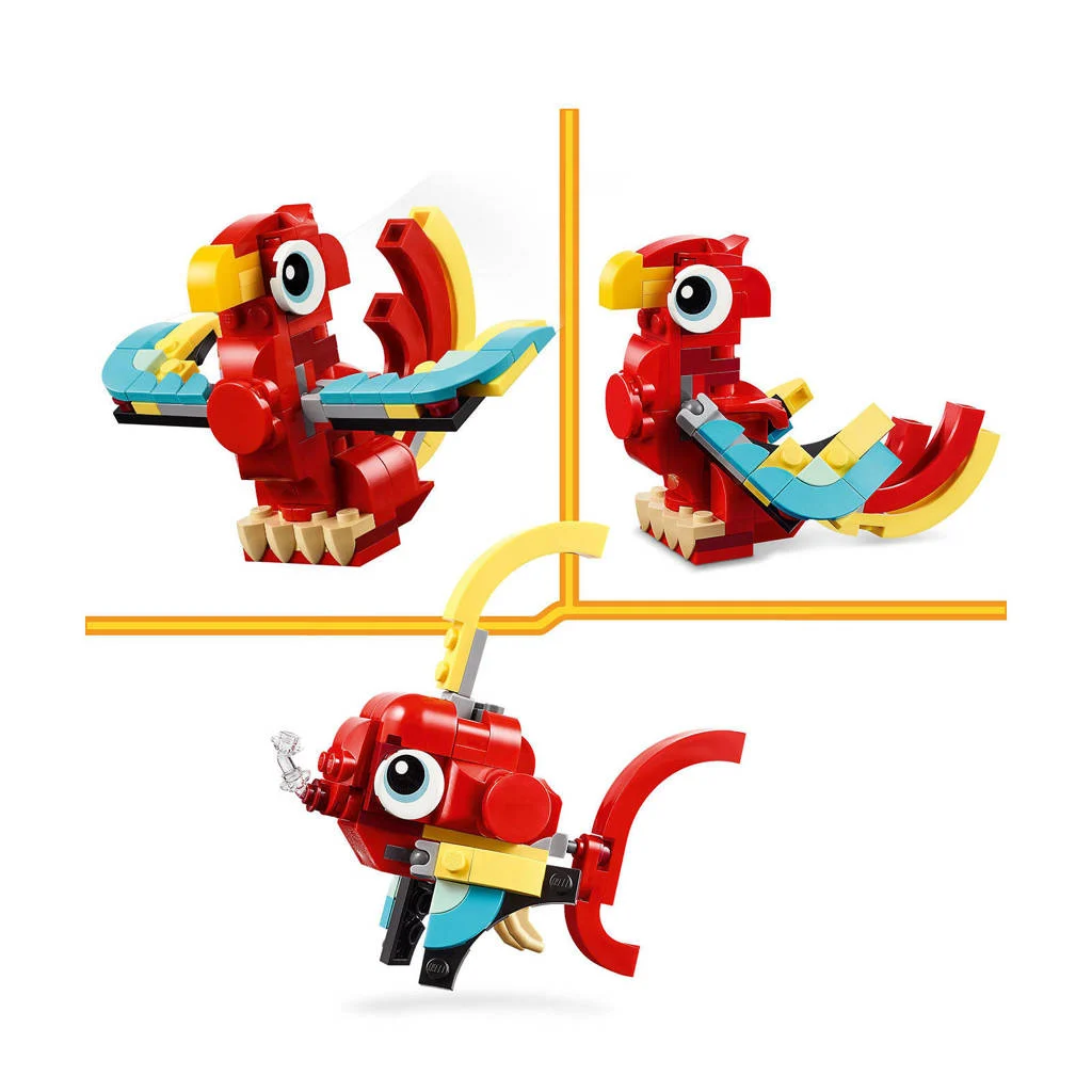 De rode draak3-in-1 Rode draak Speelgoed Dieren Figuren Set met Vis en Feniks 31145