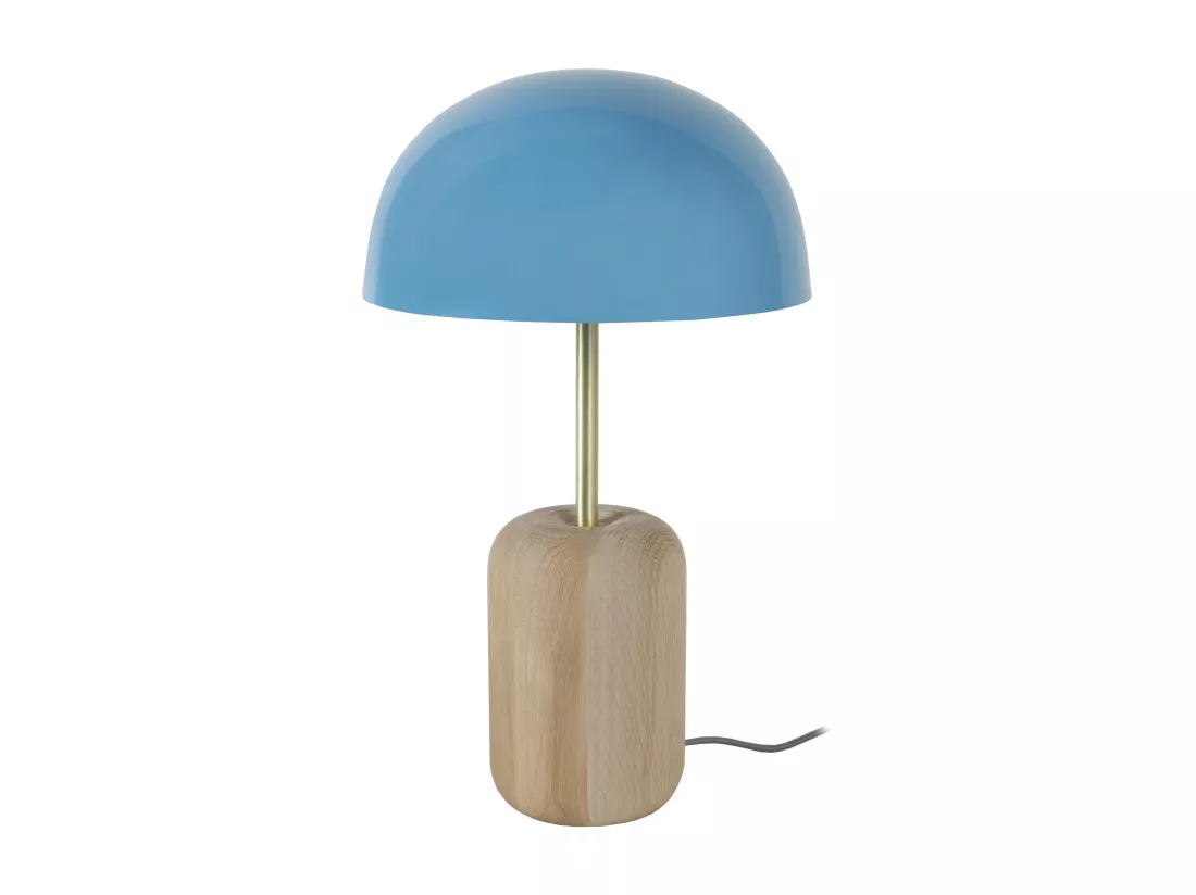 Lampe a poser cylindre bois ,métal bleu 36 cm.