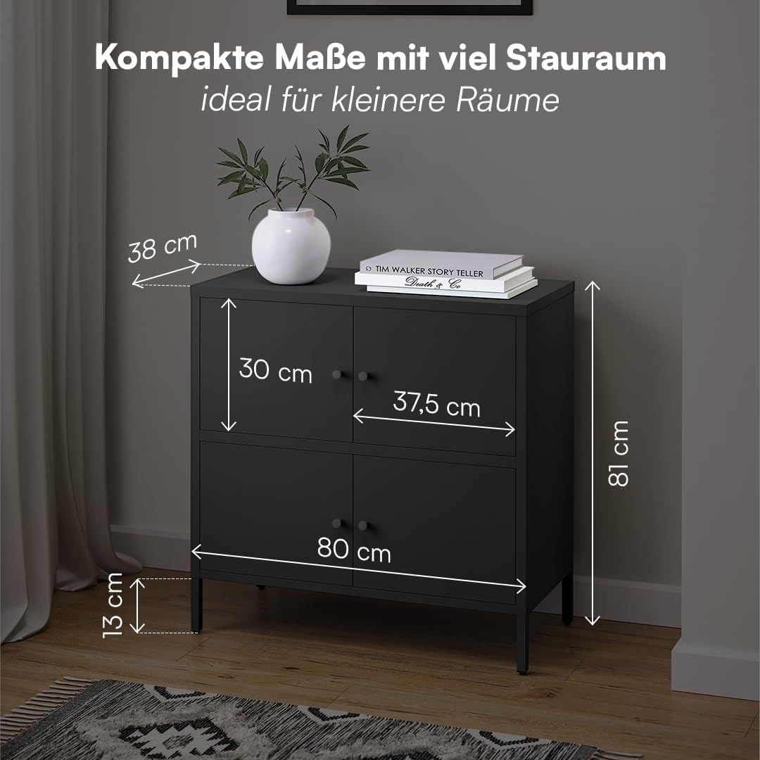 skølm Atriona Metall Kommode – Sideboard mit 2 Fächern & 4 Türen – Metallschrank in Schwarz – Kleiner Mehrzweckschrank 80 cm breit – höhenverstellbare Füße – Aufbewahrungsschrank – Wohnzimmerschrank