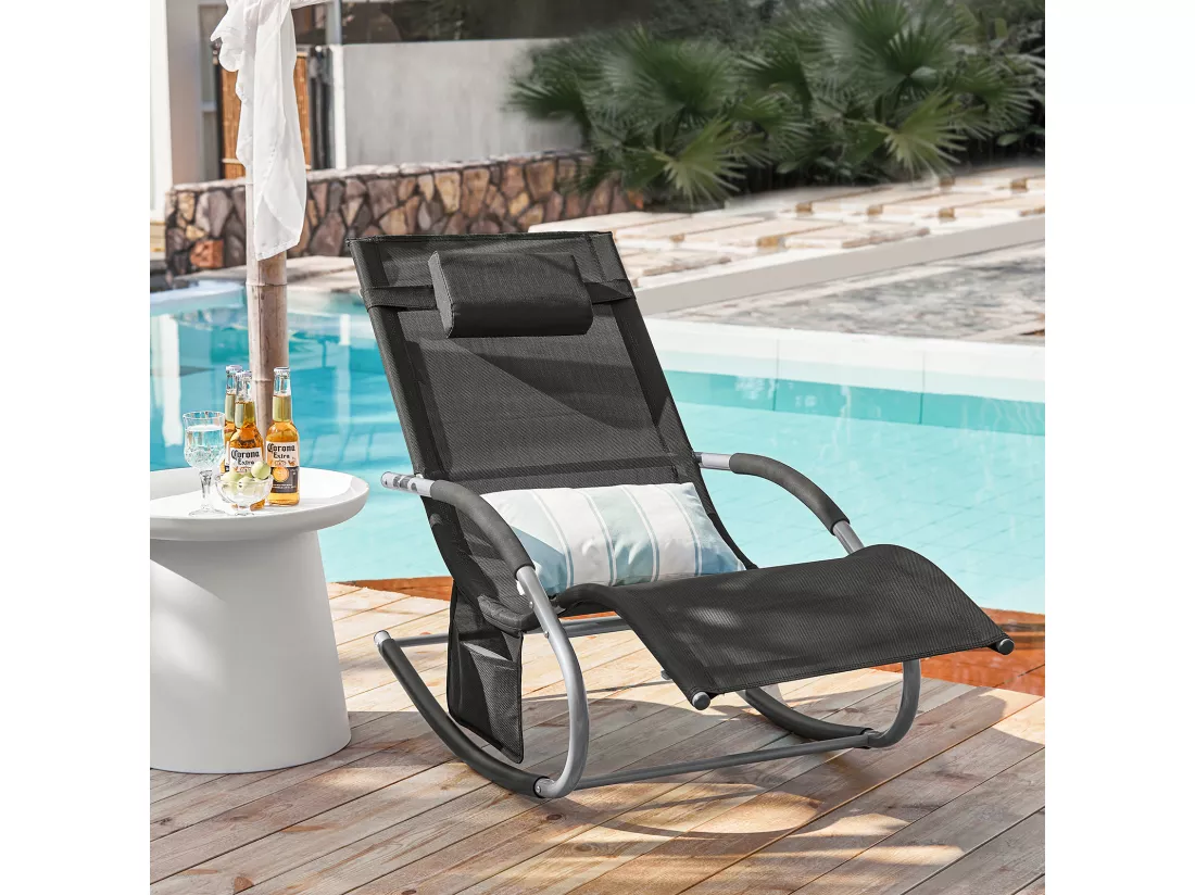 SoBuy OGS28-Sch Fauteuil à Bascule en Métal Chaise Longue Transat de Jardin Transat de Relaxation Bain de Soleil Rocking Chair - Repose-Pieds Intégré - Noir